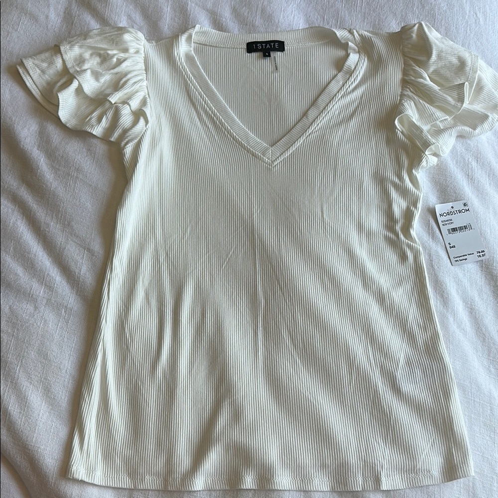 NWT State Cream Ribbed V-Neck Ruffle Sleeve Top